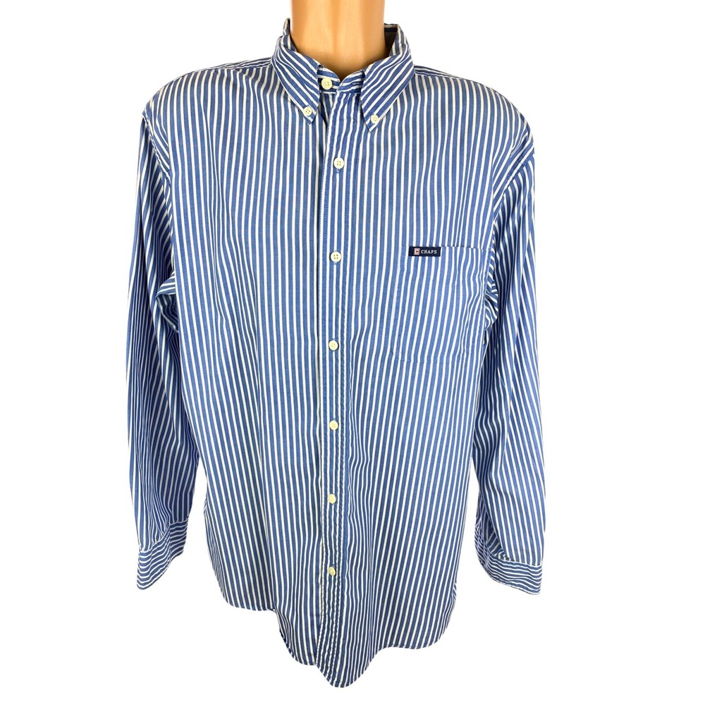 Chaps XL Blue & White Men Striped Shirt Button Front Long Sleeve Shirttail Hem